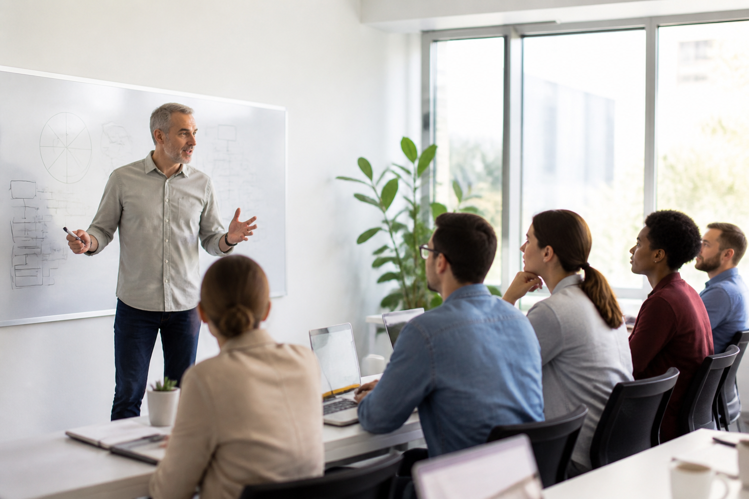 Session de formation professionnelle en présentiel avec un groupe attentif