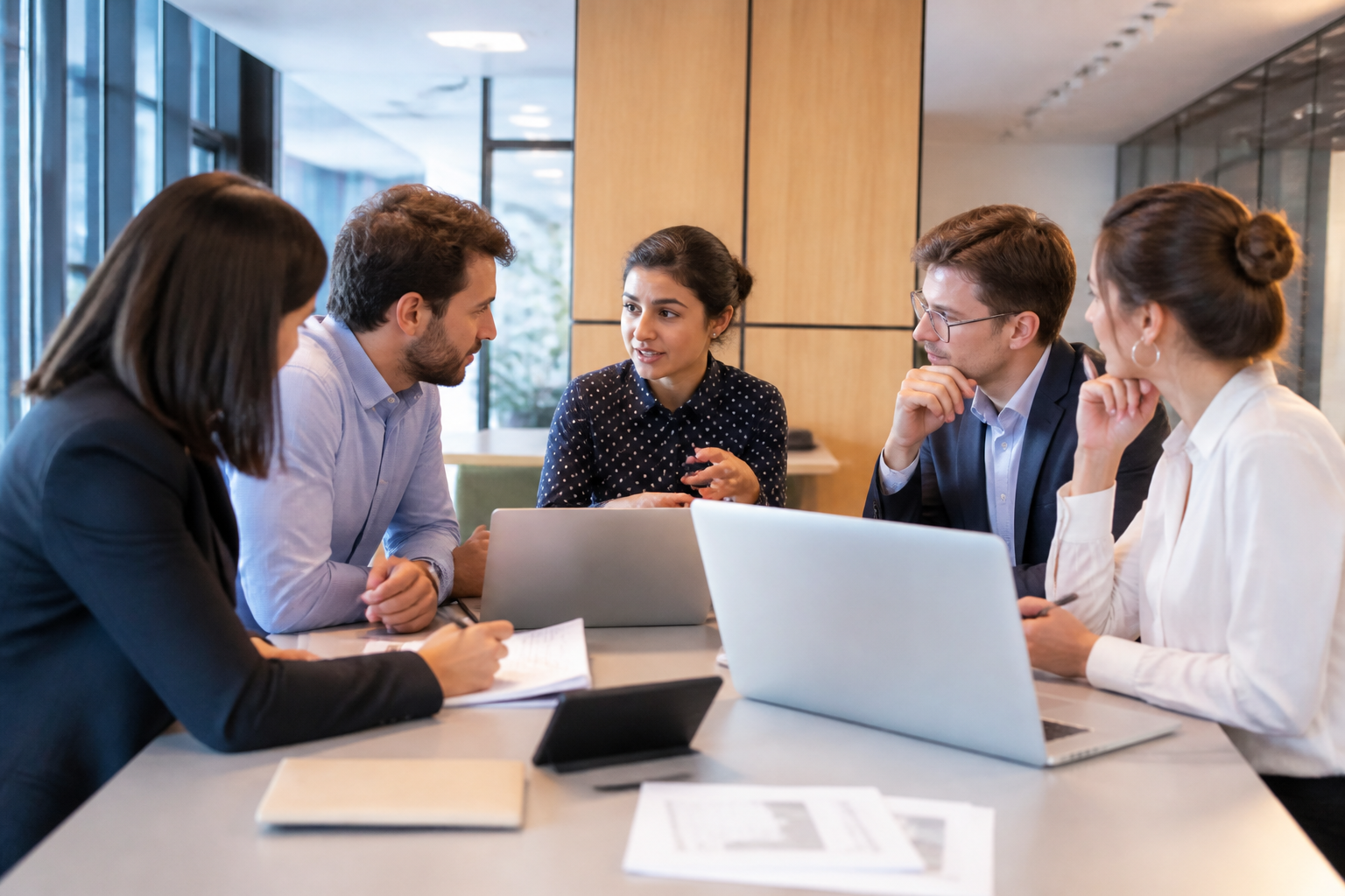 Professionnels discutant d'une formation certifiante systémique dans un bureau