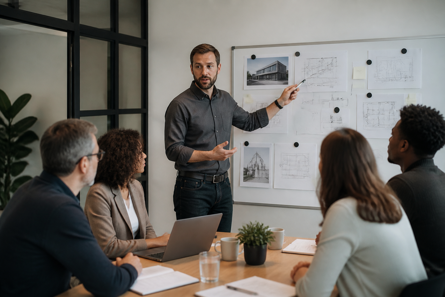 Session de formation en management avec explications sur tableau blanc
