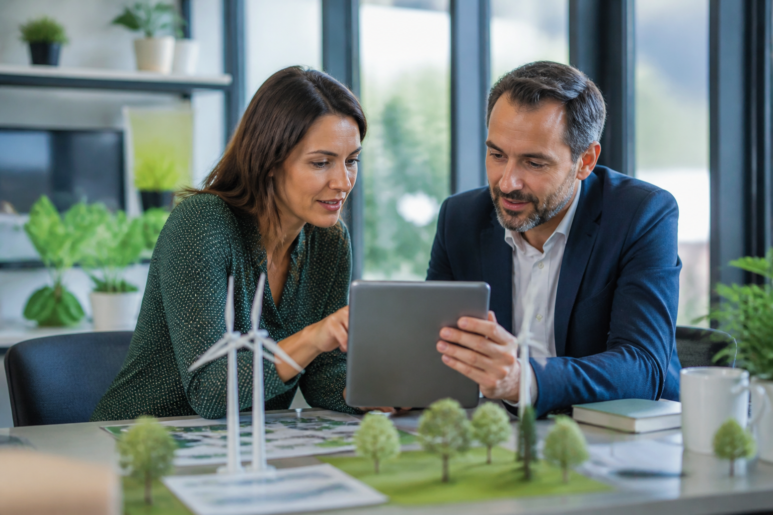 Manager et collaborateur échangent sur projet RSE avec tablette