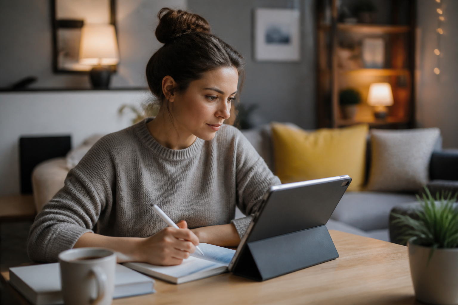 Apprenant en formation digitale avec tablette dans un cadre chaleureux