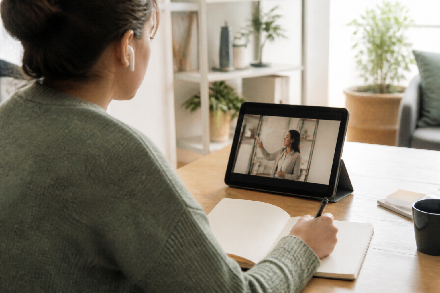 Apprenant suivant une formation certifiante à distance depuis chez soi avec tablette et carnet de notes
