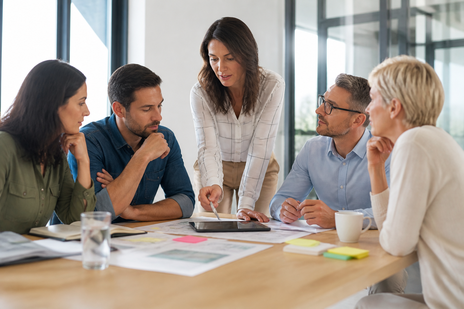 Réunion de travail entre managers avec tablettes et documents