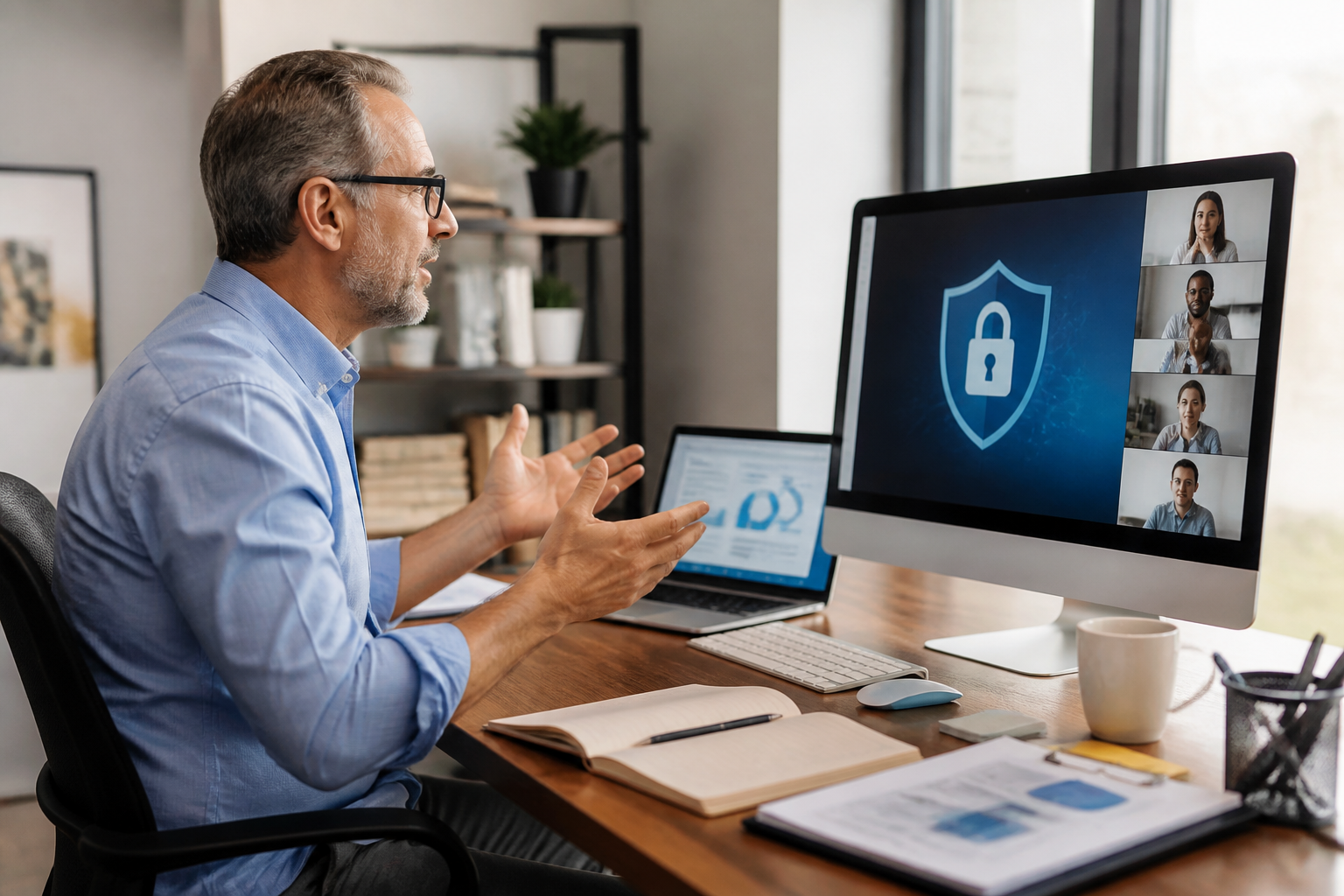 Formateur en cybersécurité en session distancielle avec participants attentifs