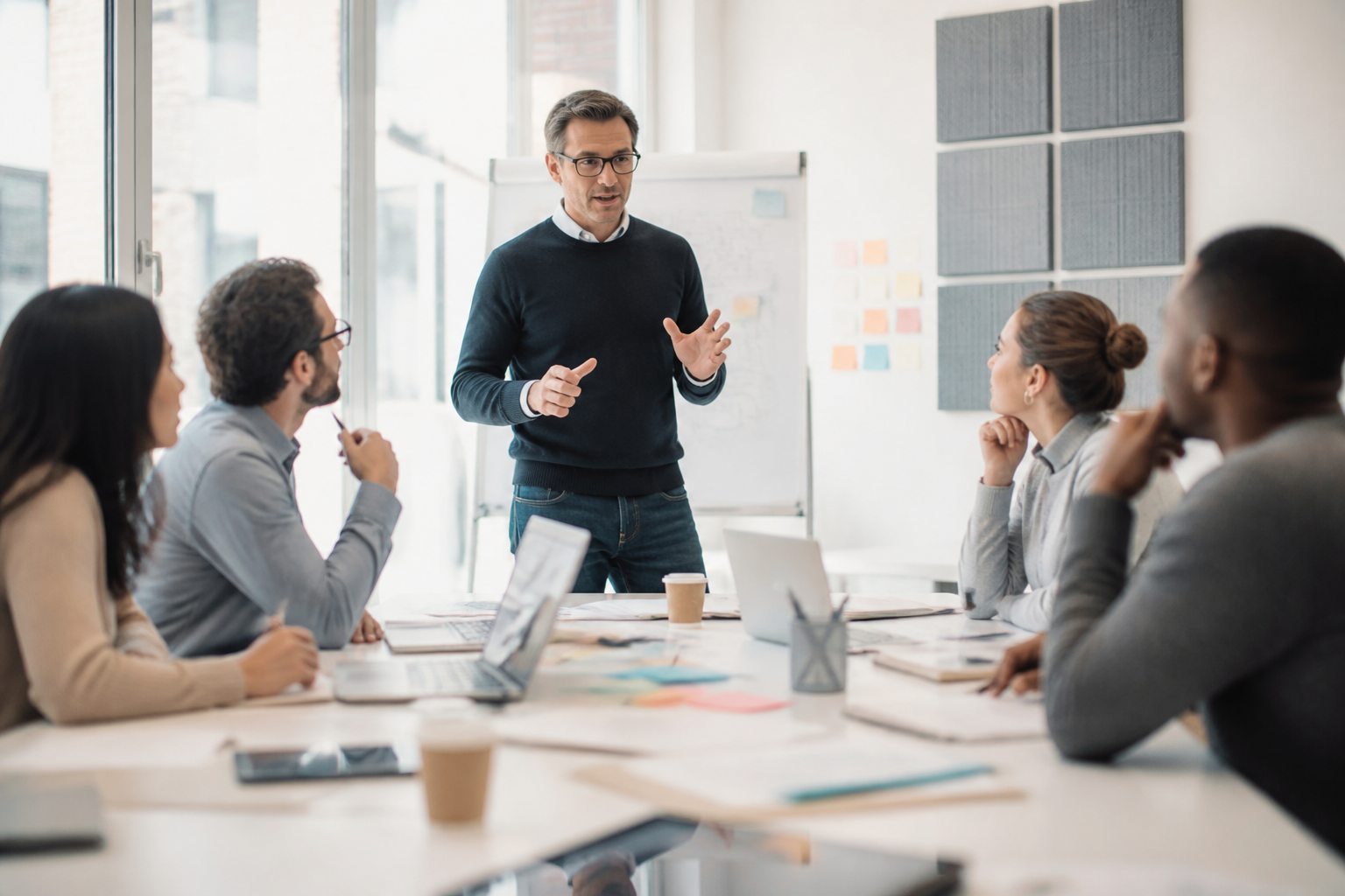 Manager et équipe discutant d'un projet de formation lors d'une réunion de travail