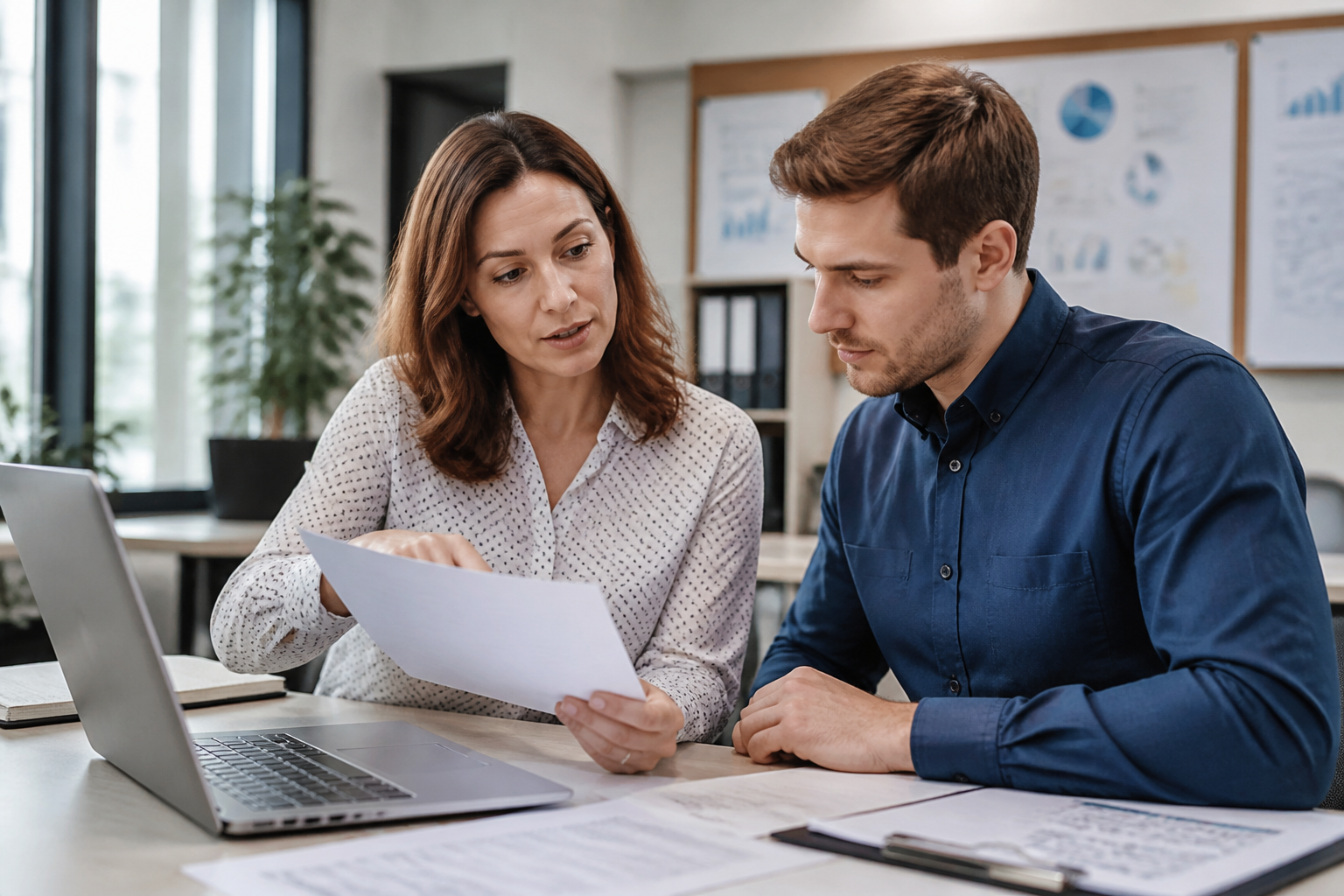 Responsable RH expliquant un document de formation à un collaborateur