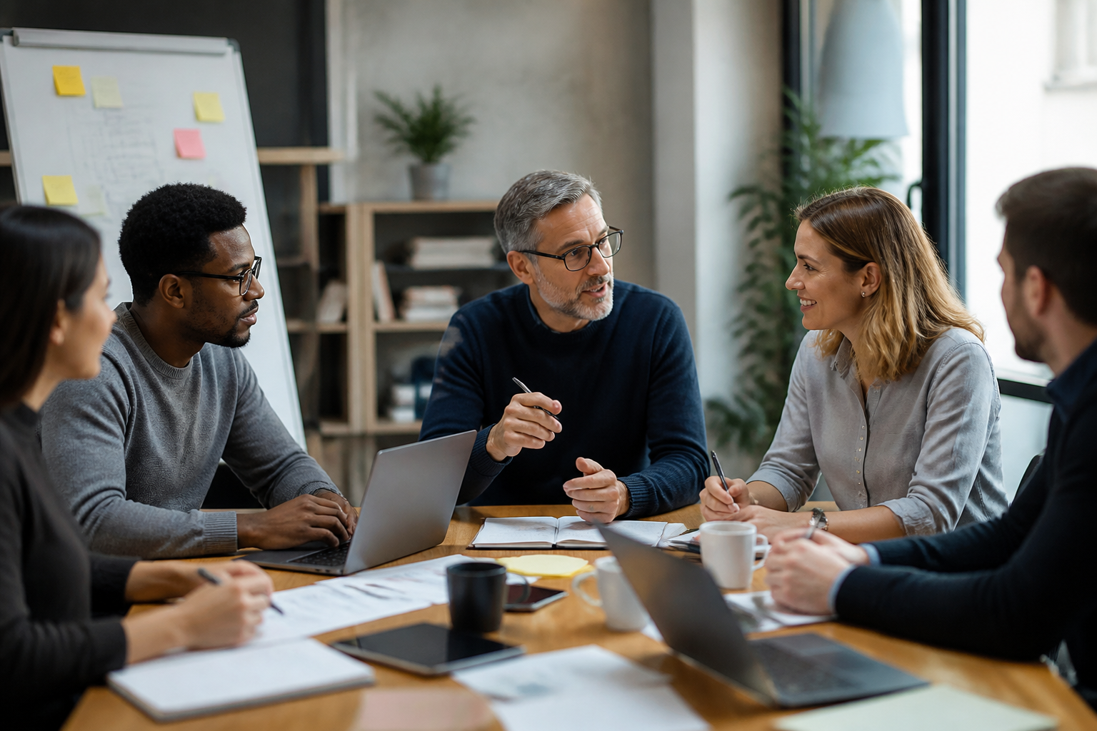 Réunion de travail sur un projet de formation continue avec manager et collaborateurs
