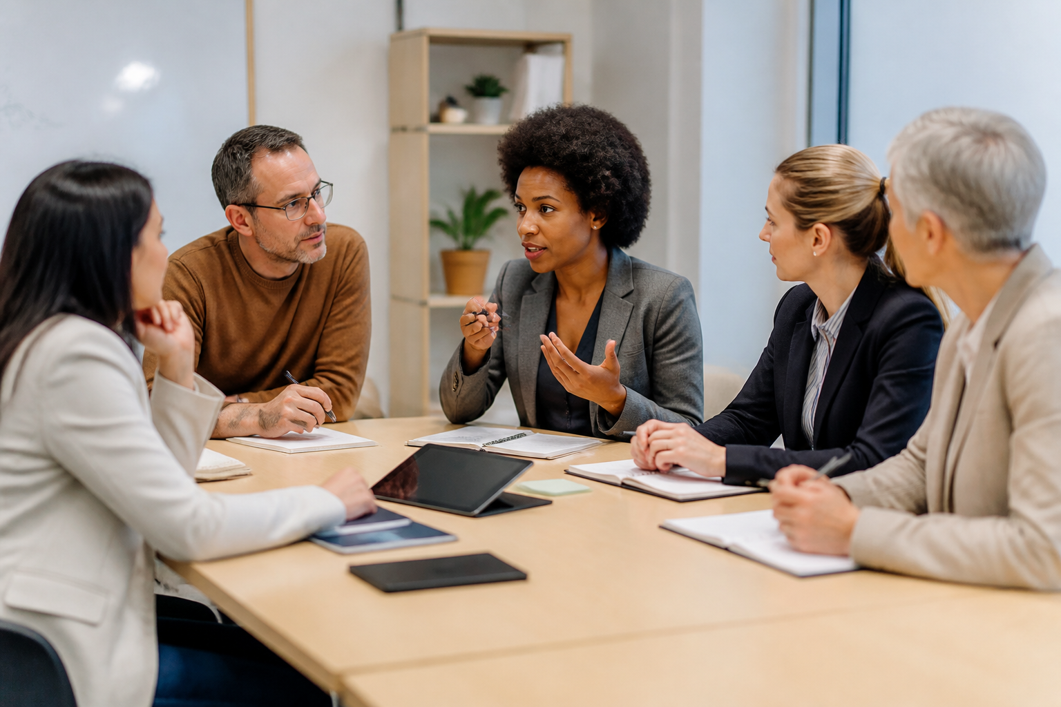 Réunion de professionnels autour d'une table avec supports numériques et carnets, échange collaboratif