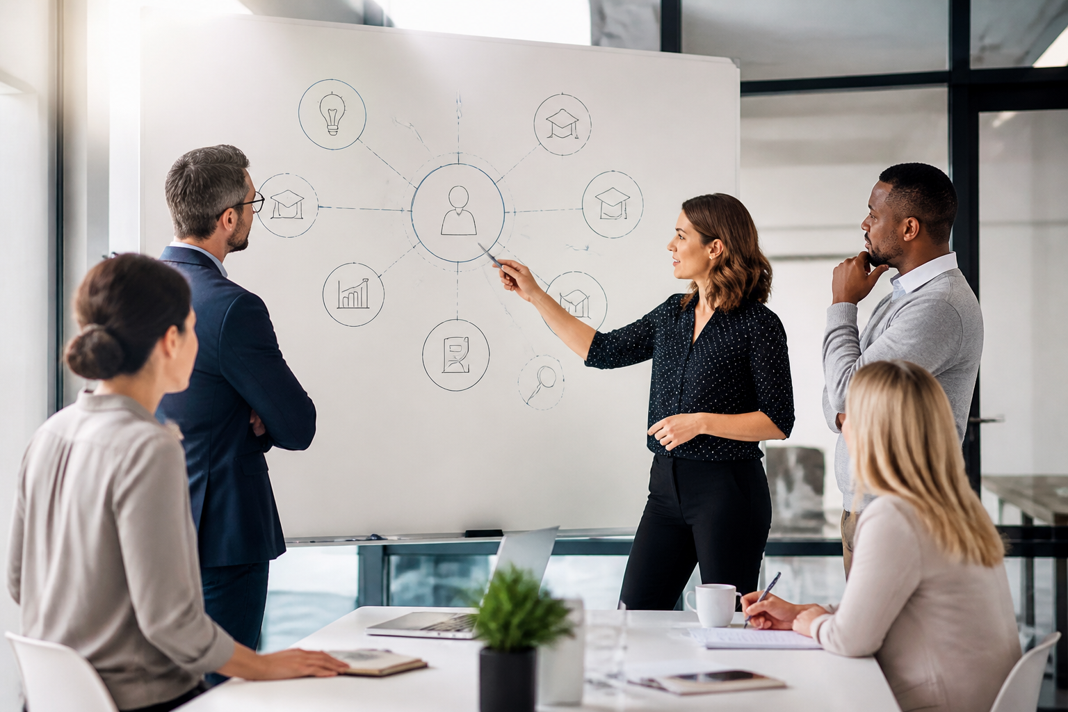 Réunion de travail de managers autour d'un tableau blanc avec schémas de certification