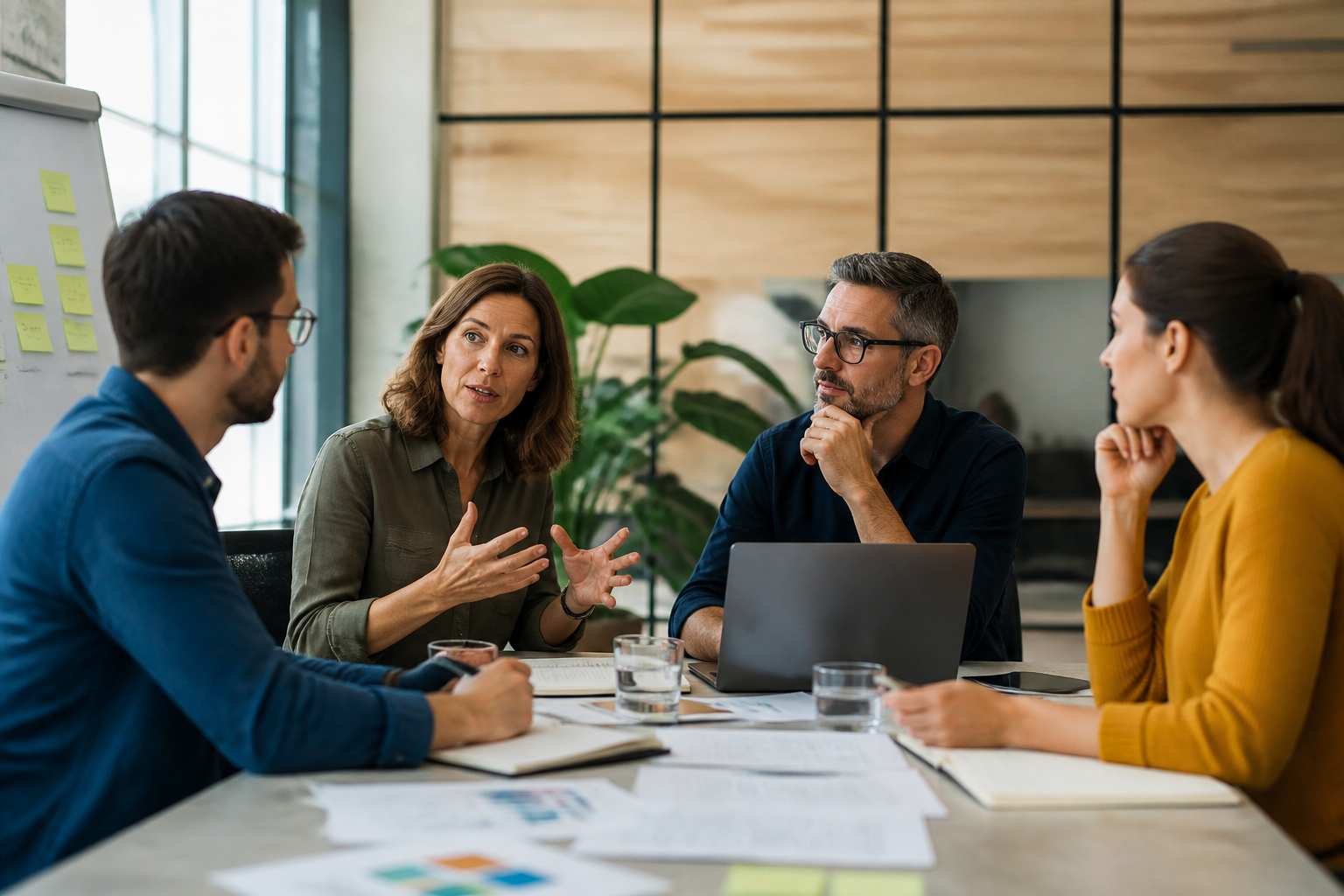 Equipe en réunion professionnelle discutant d'un projet de formation avec documents et ordinateur