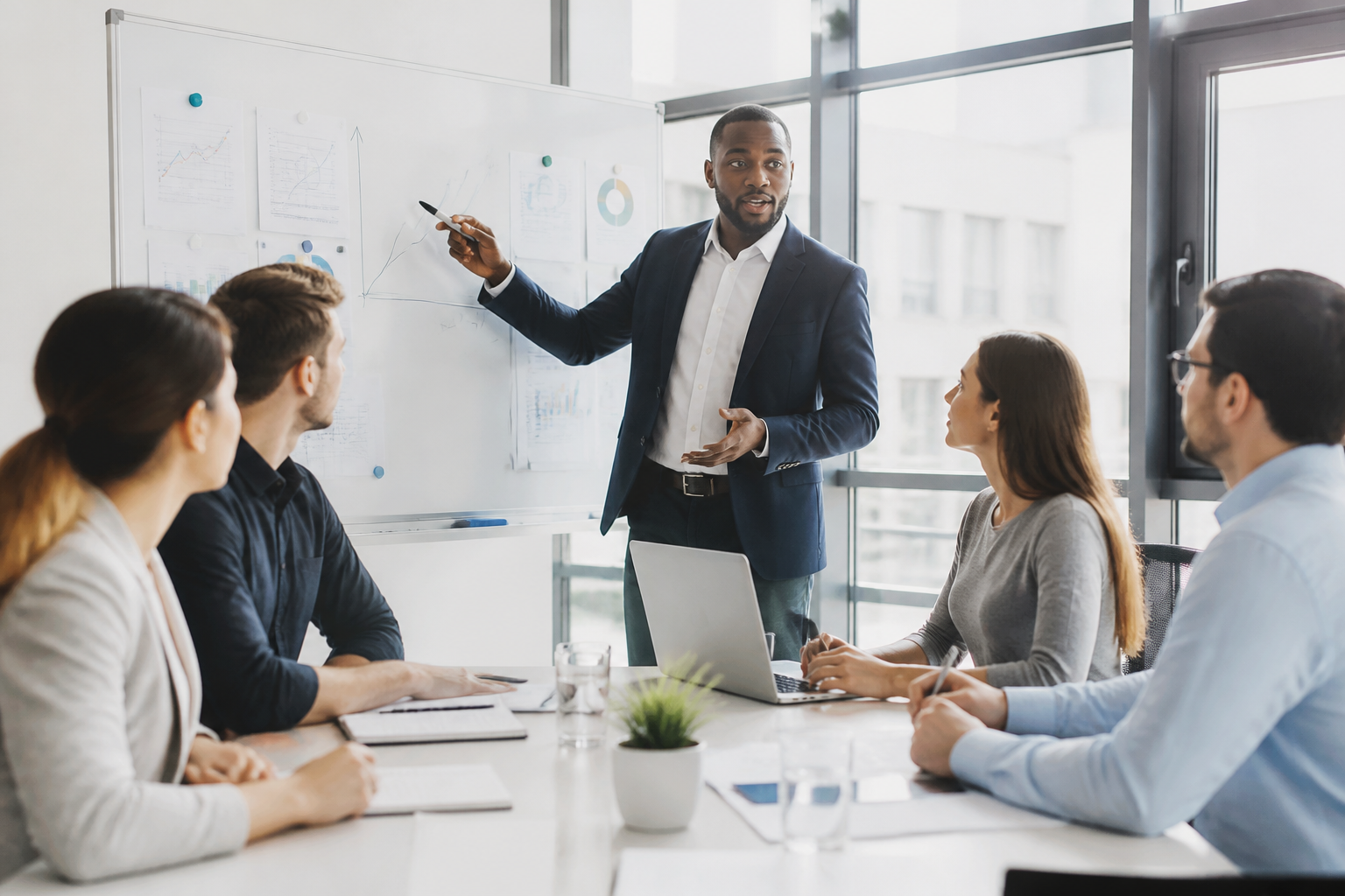 Manager expliquant une stratégie de vente à une équipe en réunion