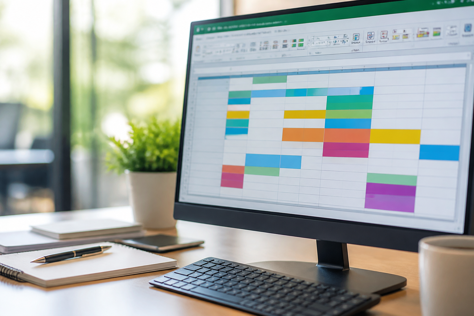 Écran d’ordinateur avec tableau Excel d’un plan de formation, carnet et stylo en premier plan