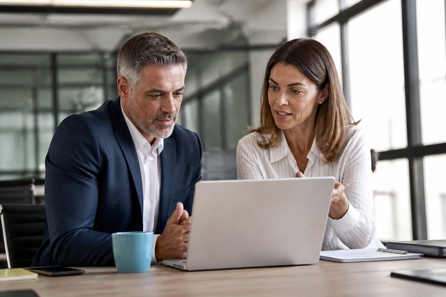 Manager et responsable RH en réunion de travail dans un bureau lumineux