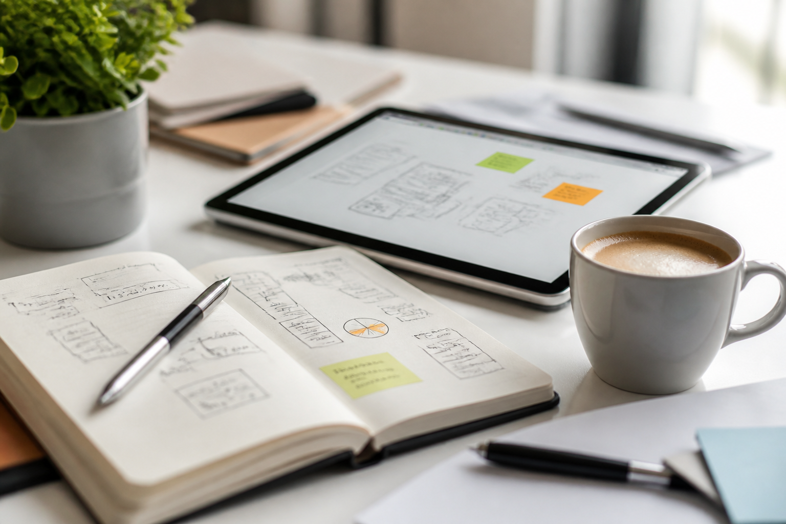 Carnet ouvert et tablette numérique avec notes de formation