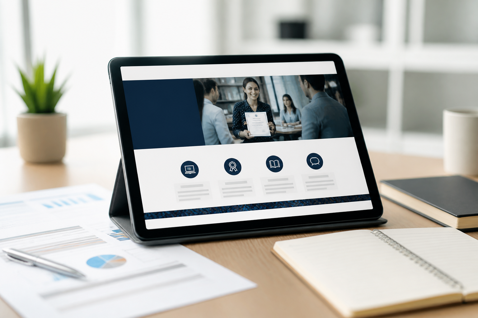 Consultation d'une certification professionnelle sur une tablette en environnement de bureau