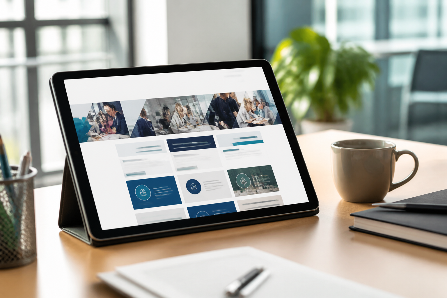 Tablette affichant site France Compétences en bureau lumineux