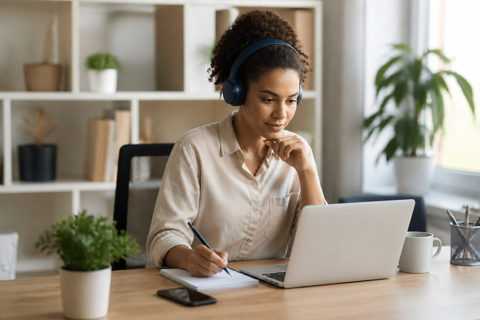 Apprenant en formation professionnelle à distance avec ordinateur et carnet