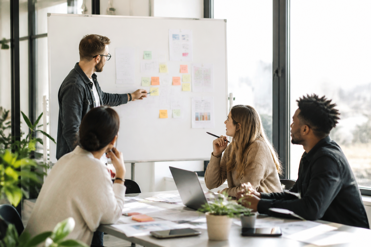 Manager animant un atelier collaboratif avec son équipe autour d'un tableau blanc dans un bureau lumineux