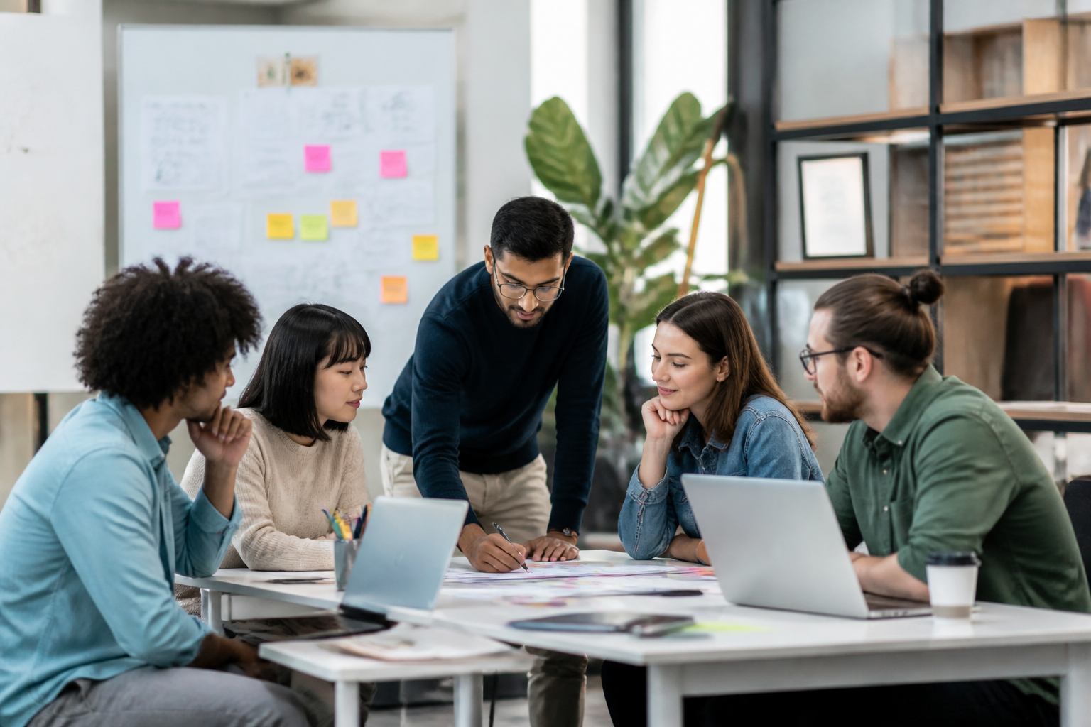 Groupe de professionnels en atelier collaboratif innovant dans un environnement de bureau