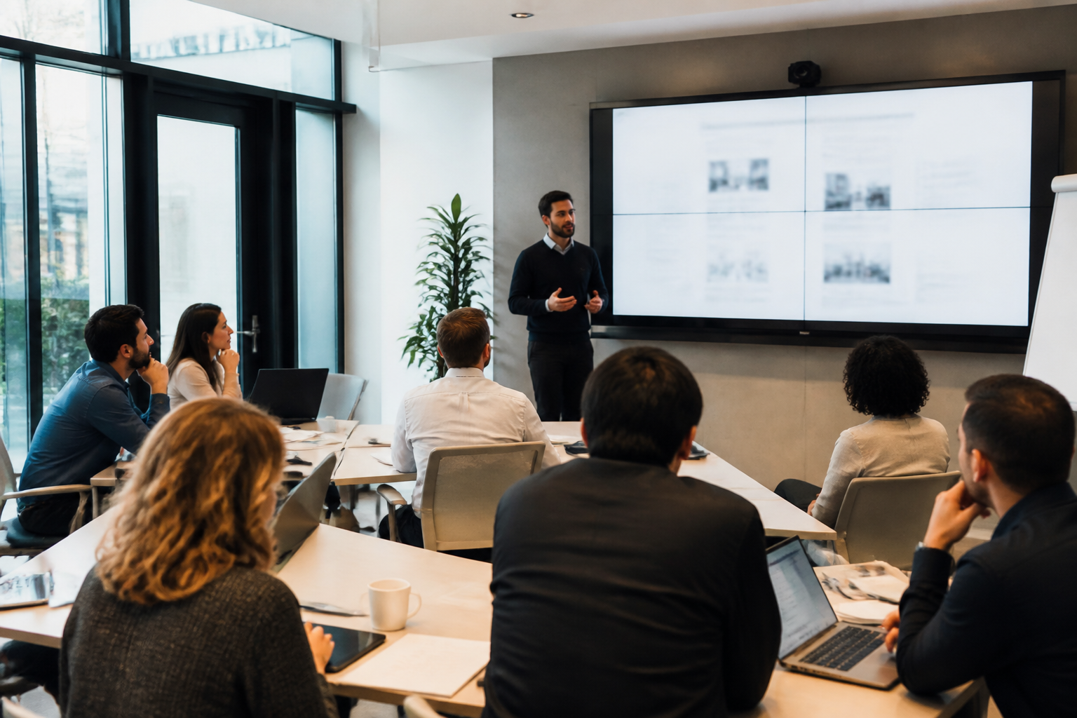 Atelier de formation professionnelle avec formateur et apprenants attentifs