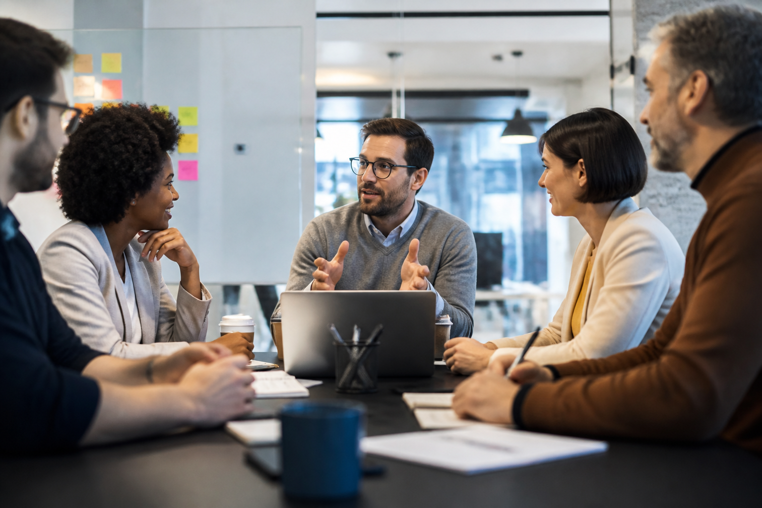 Réunion de managers en atelier de formation professionnelle dans un bureau