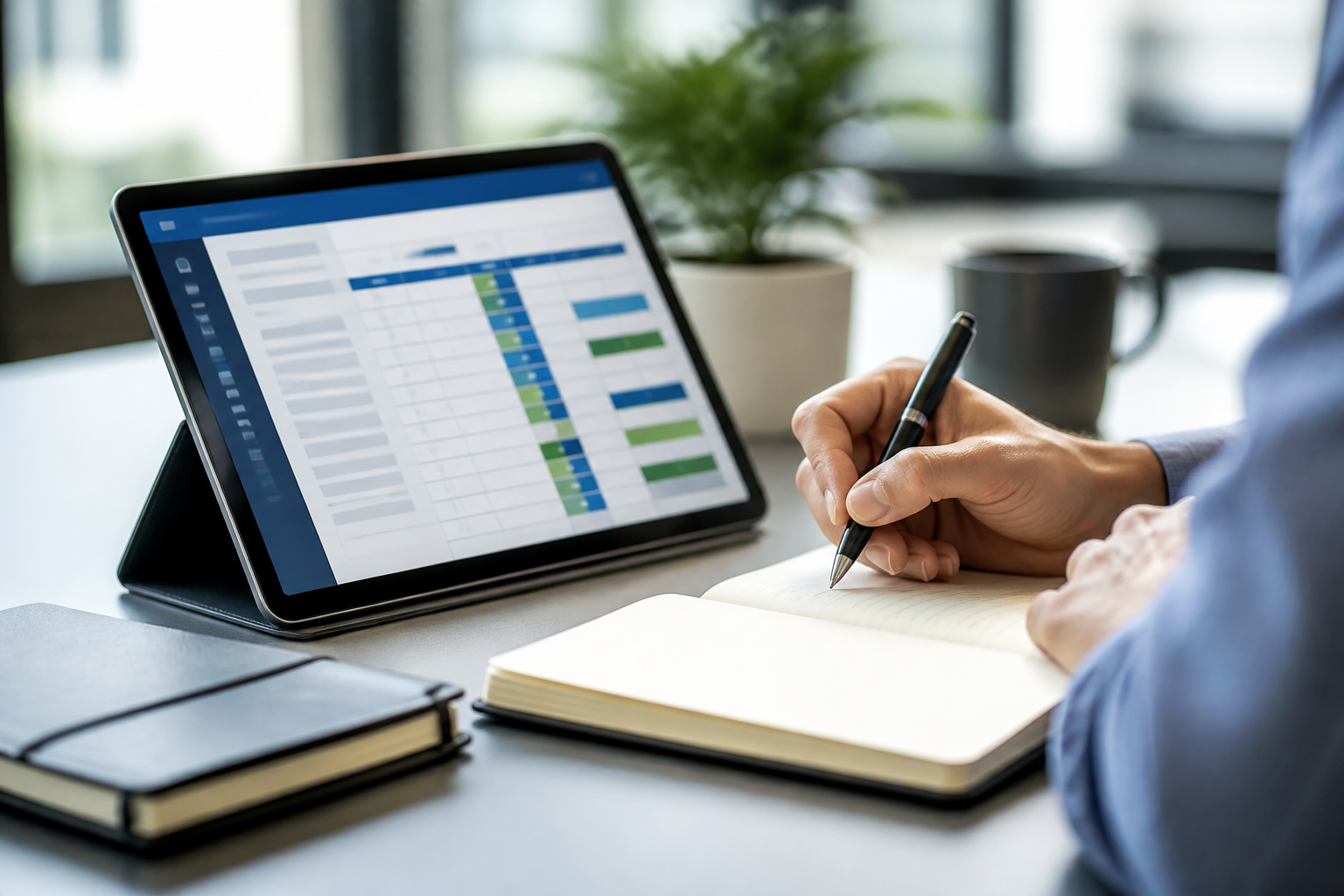 Collaborateur en train d'évaluer ses compétences professionnelles avec un carnet et une tablette