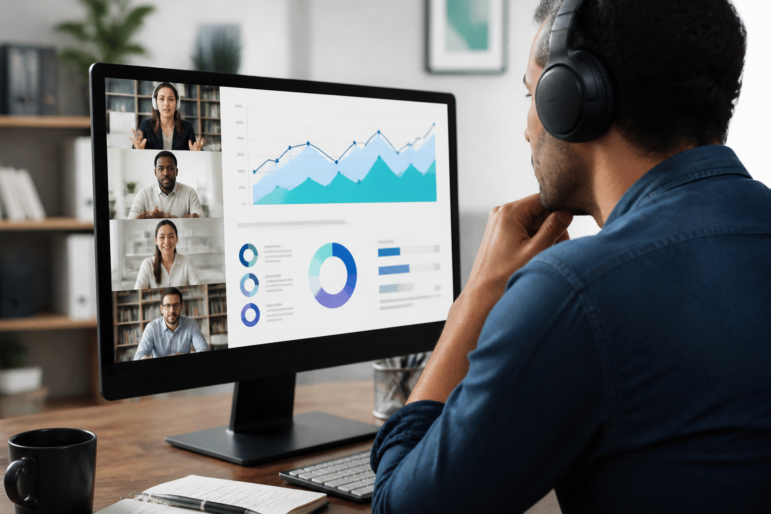 Participants à une formation en marketing digital en ligne avec visualisation de données analytiques à l'écran