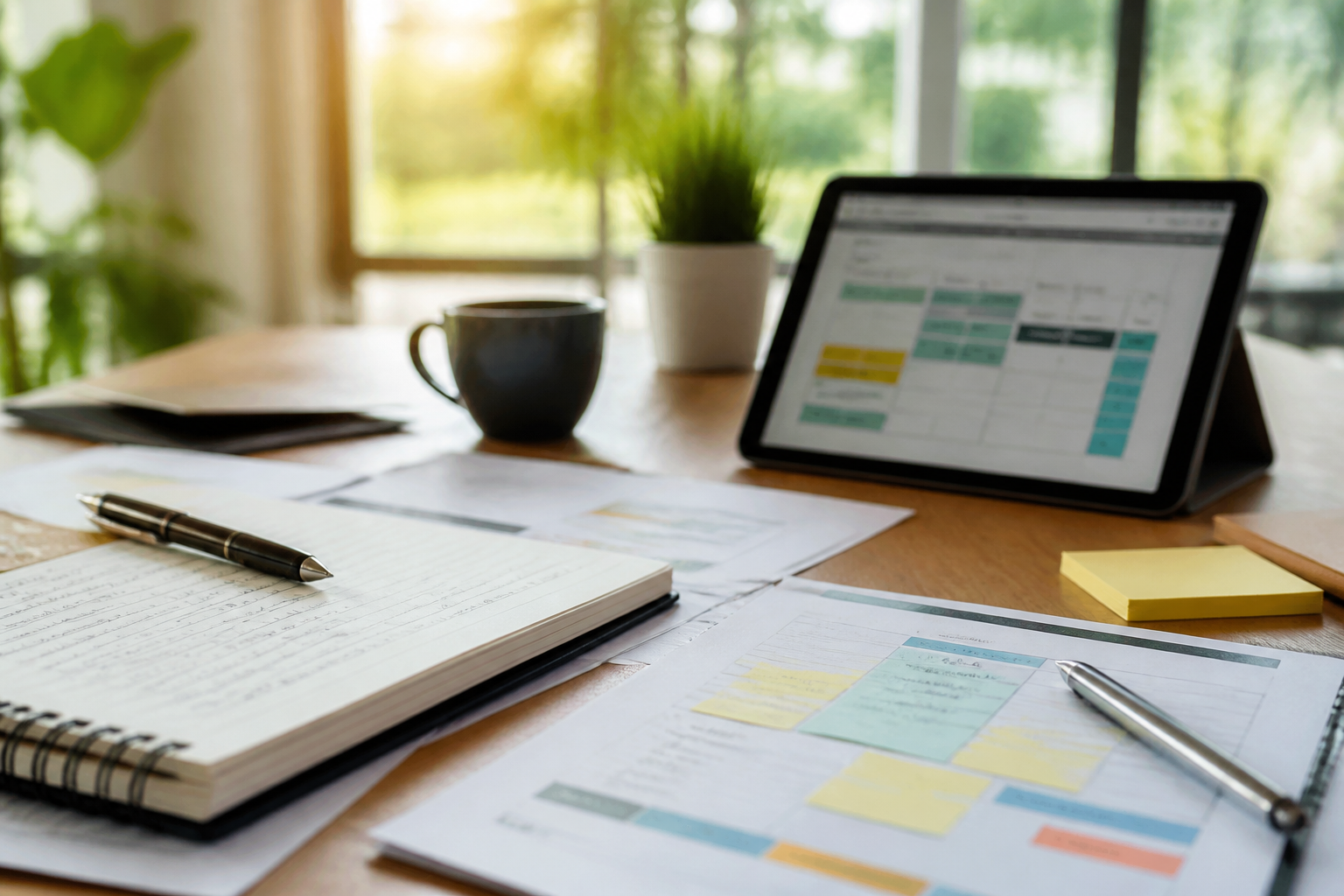 Matériel de bureau avec notes et outils digitaux pour préparation de formation
