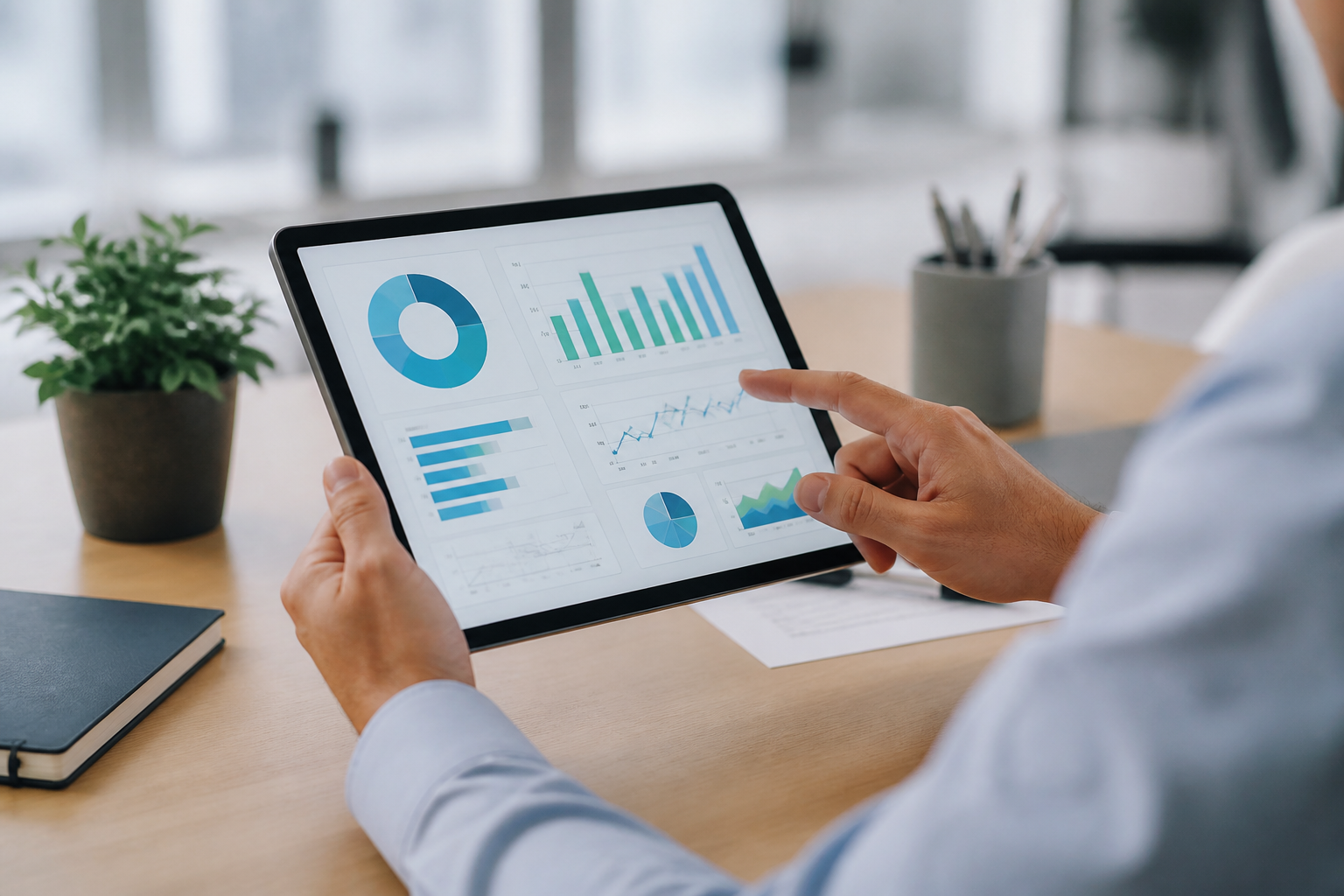 Consultation d’indicateurs de gestion sur tablette dans un environnement professionnel