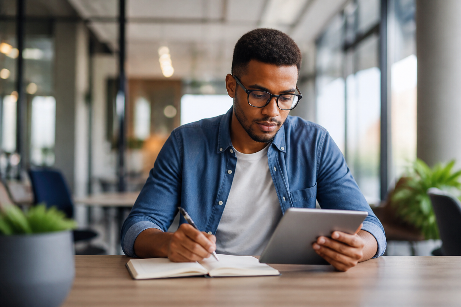 Professionnel utilisant carnet et tablette pour noter des compétences