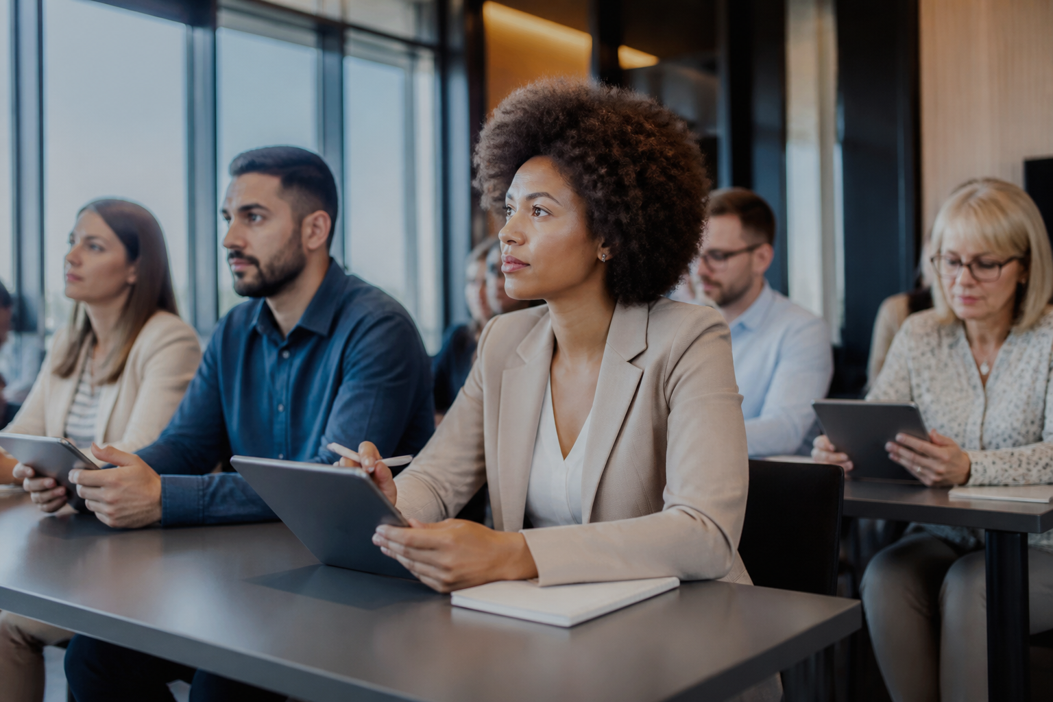 Participants en formation numérique dans une salle moderne