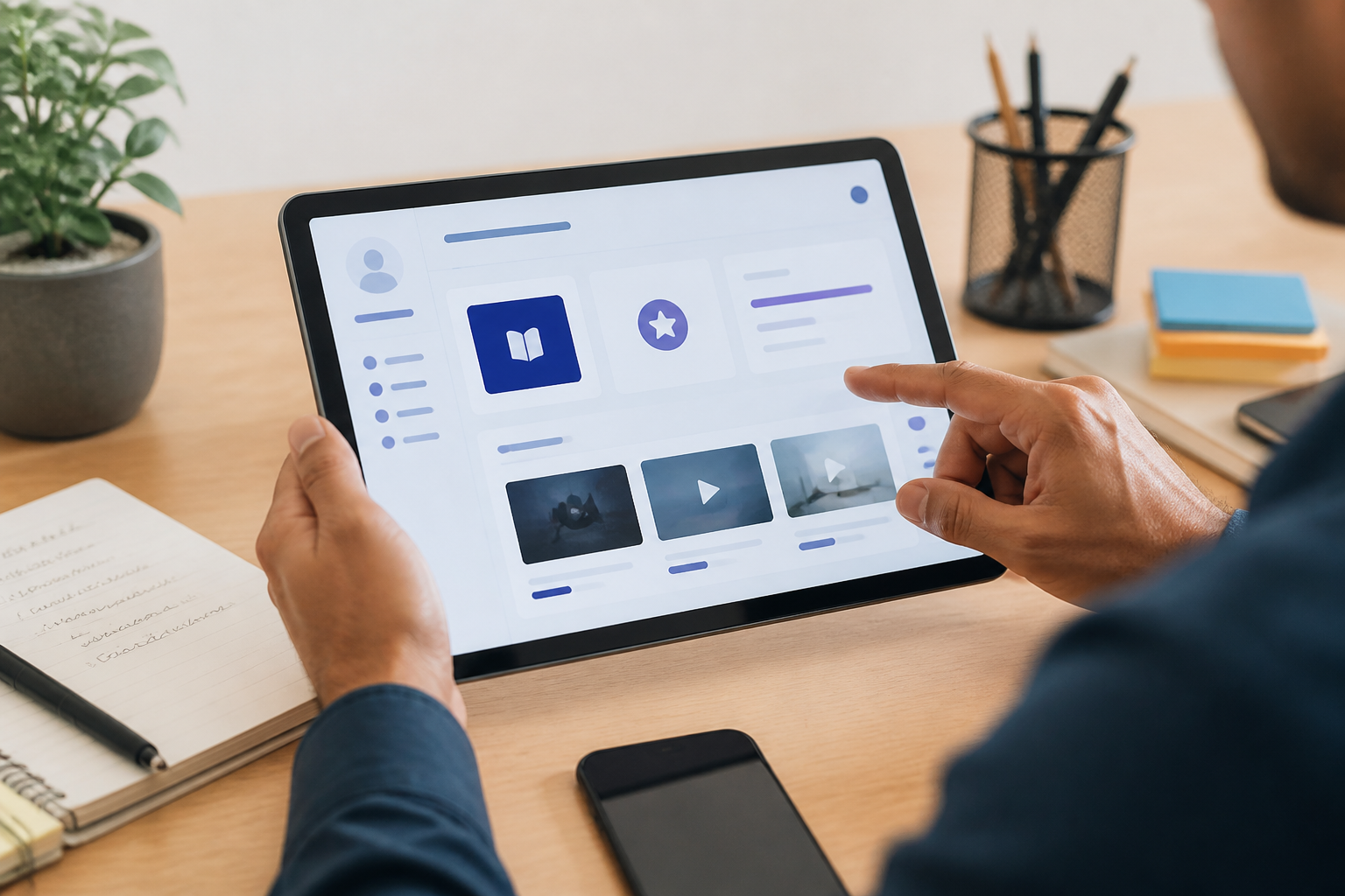 Consultation de Mon Compte Formation sur une tablette, bureau d’un professionnel