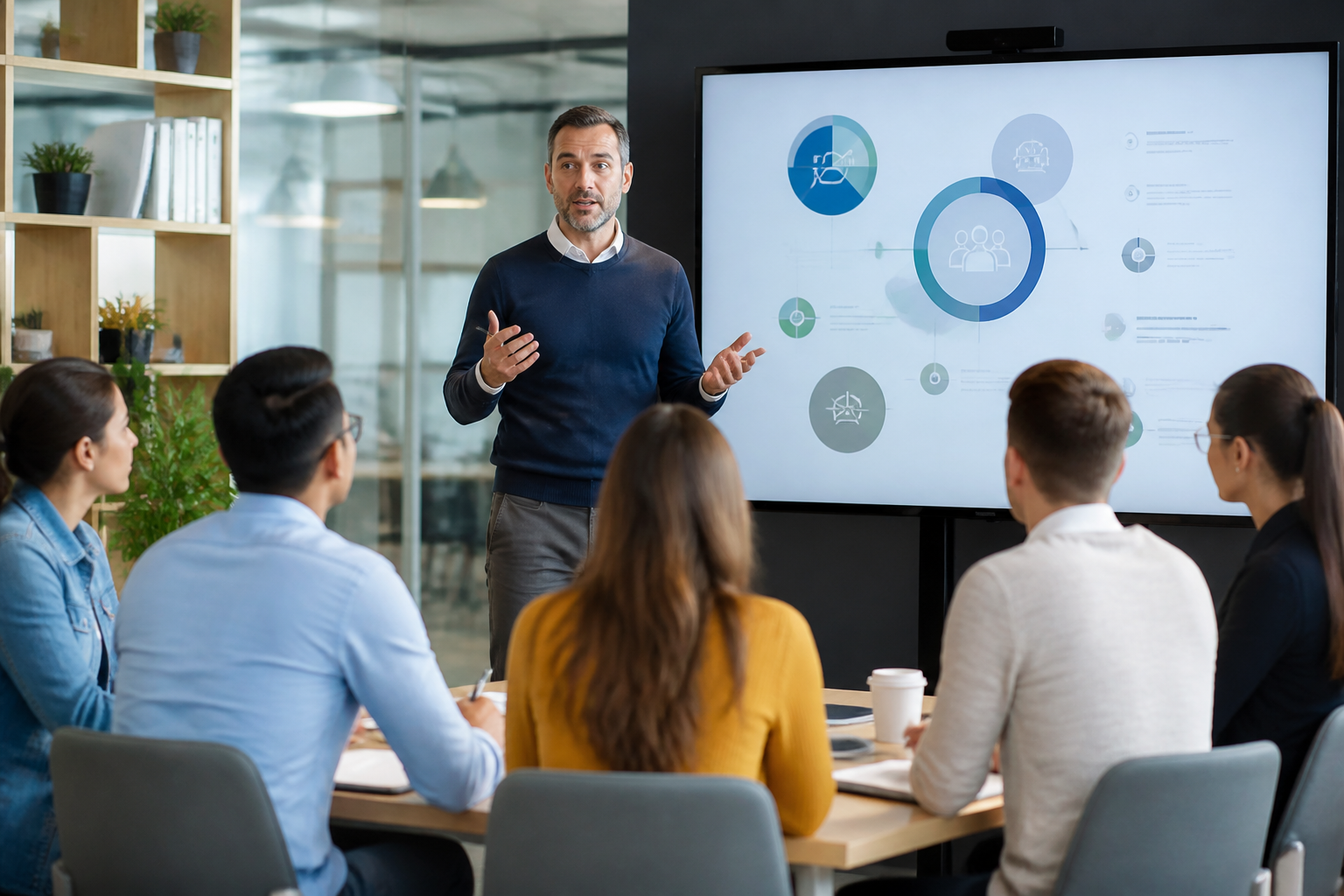 Formateur consultant en gestion d'équipe devant un groupe d'apprenants