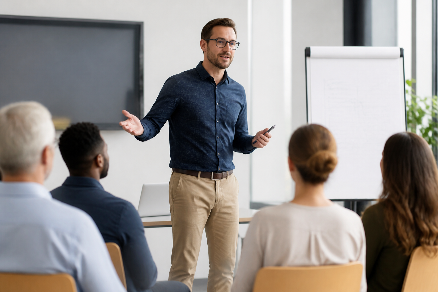 Formateur animant une session de formation professionnelle devant un groupe d'adultes