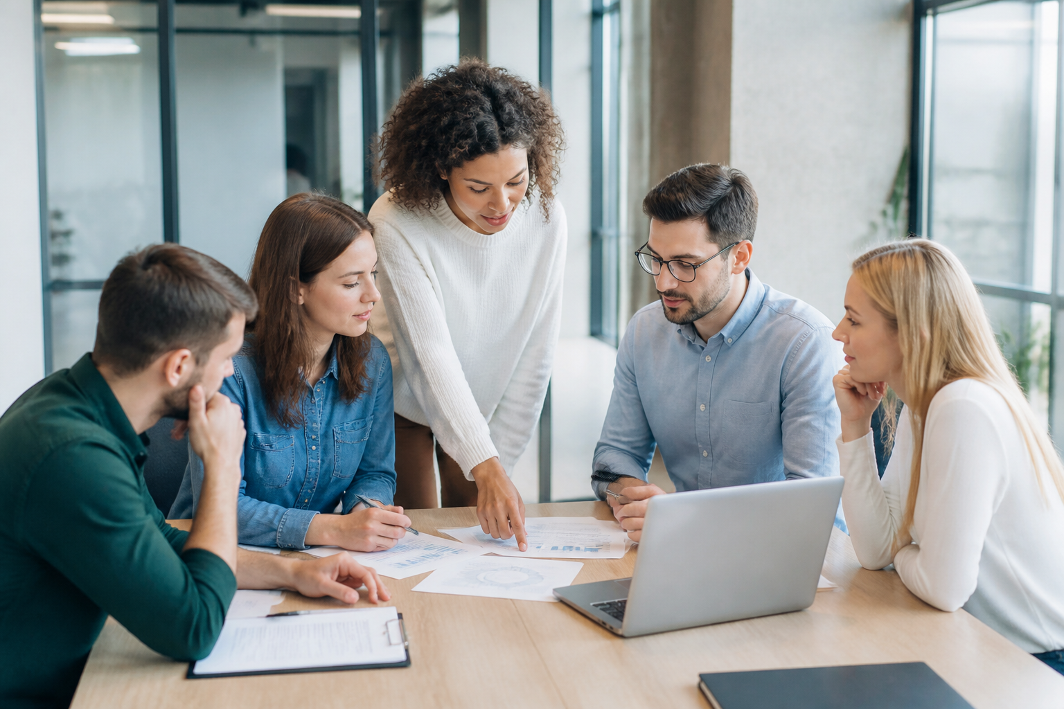 Équipe discutant d'un projet de formation professionnelle dans un bureau