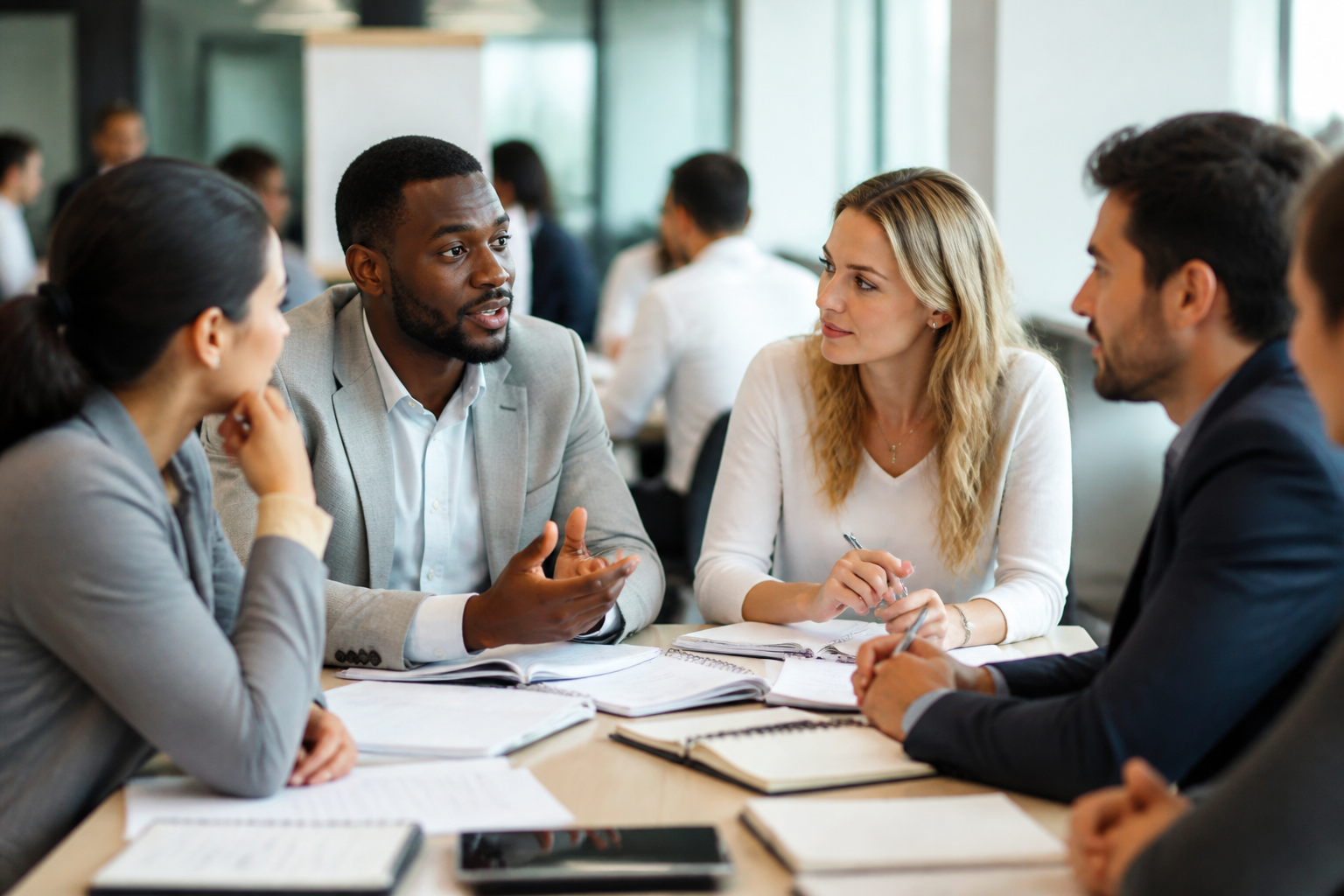 Groupe de participants en atelier de formation vente discutant autour d'une table