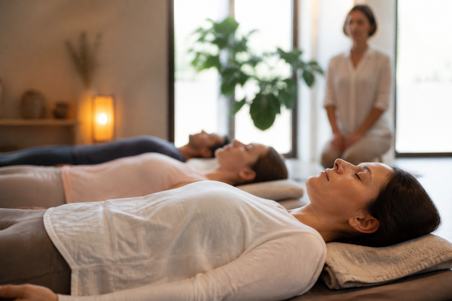 Atelier de relaxation guidée dans un cadre professionnel doux et apaisant
