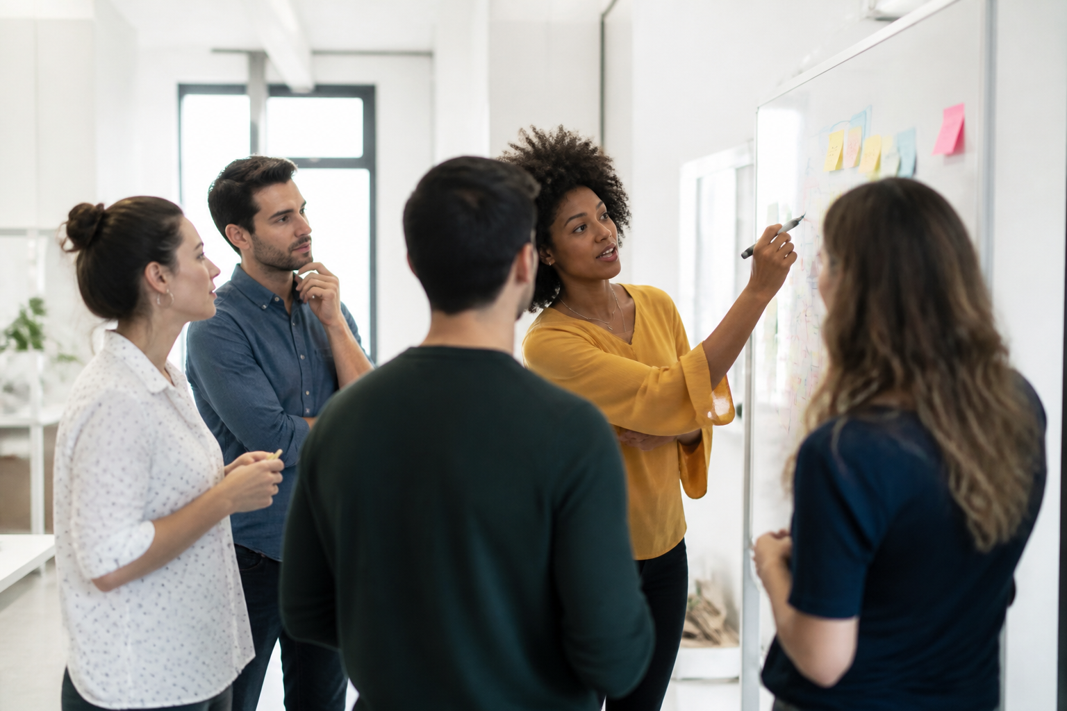 Atelier de planification formation dans une PME avec tableau blanc et participants engagés