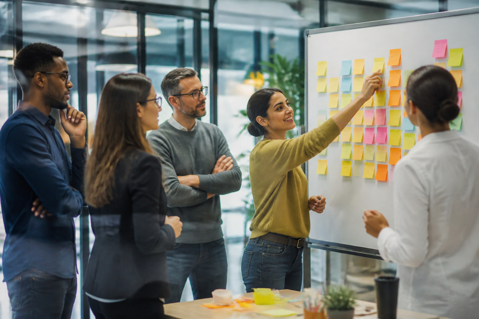 Atelier collaboratif avec des professionnels travaillant sur un tableau blanc avec des post-it