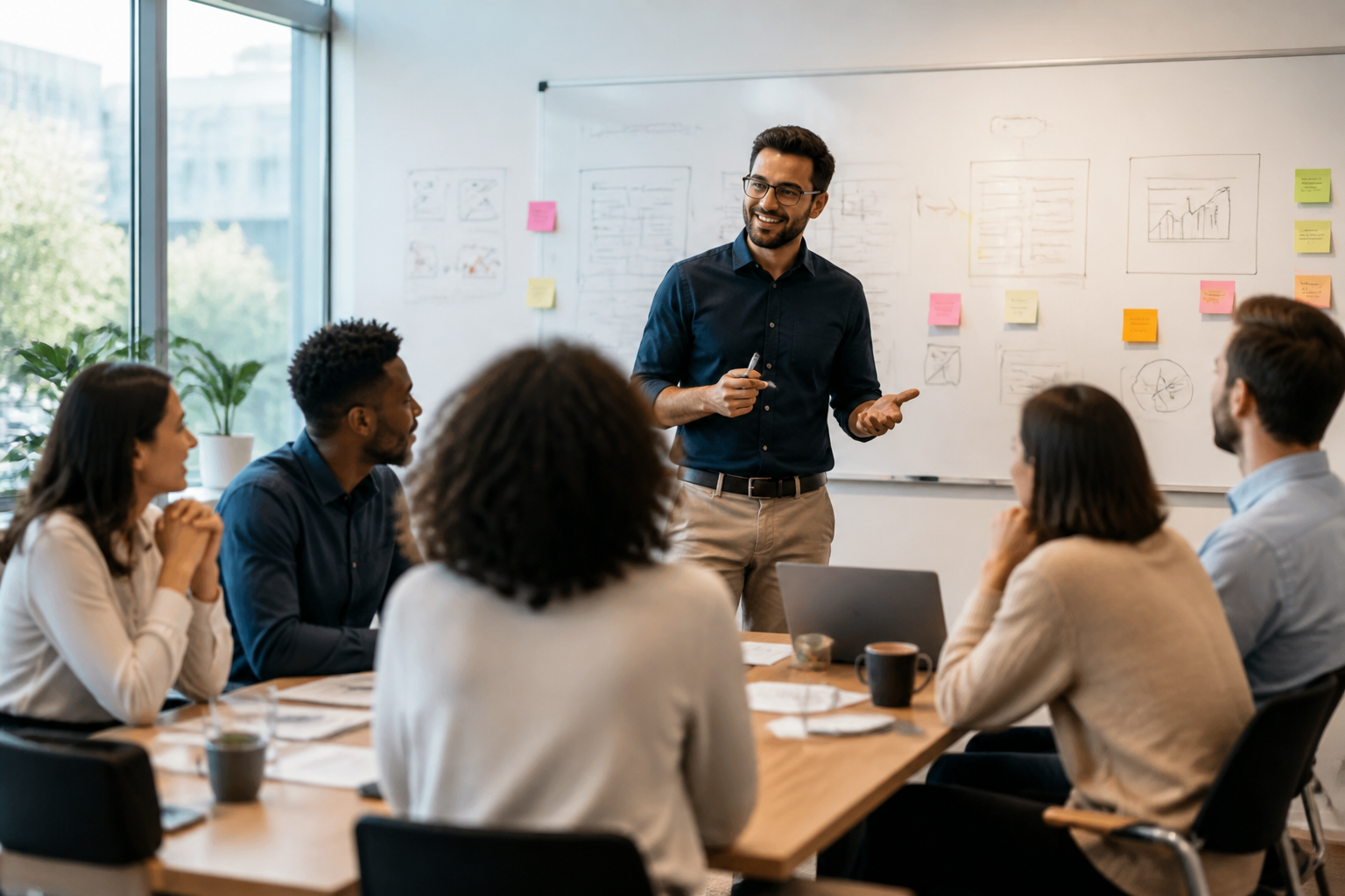 Atelier de formation interactive avec formateur et participants dans un espace de travail collaboratif