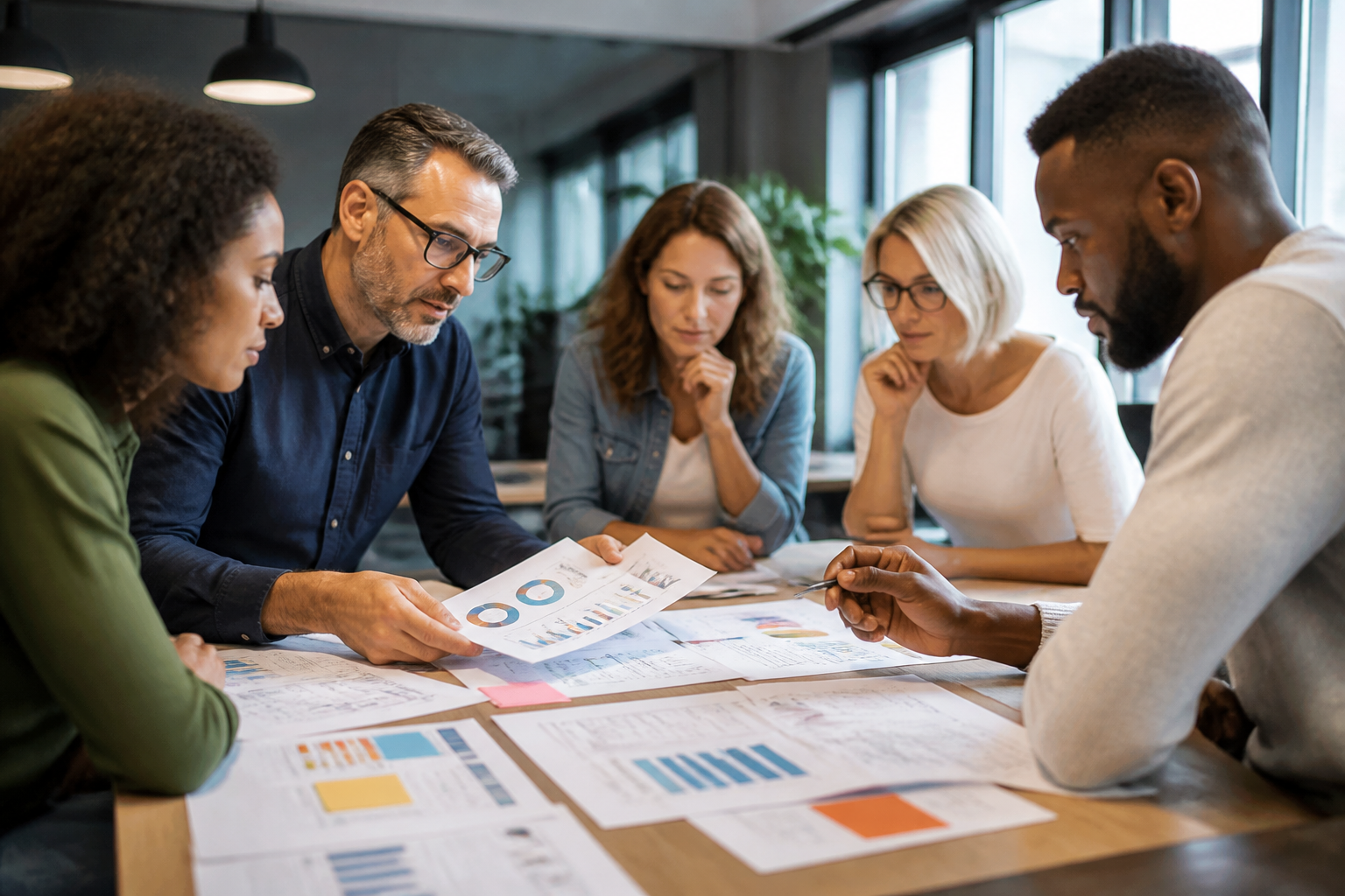 Groupe de collaborateurs analysant des documents de formation lors d’un atelier professionnel
