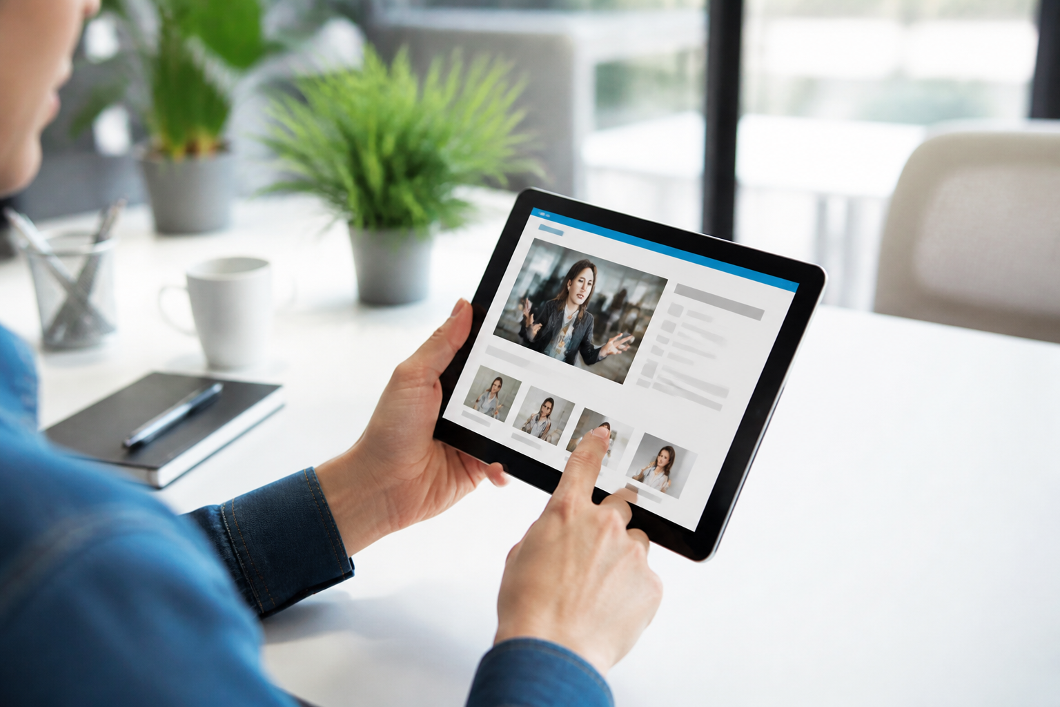 Professionnel consultant une formation en ligne sur une tablette avec carnet de notes