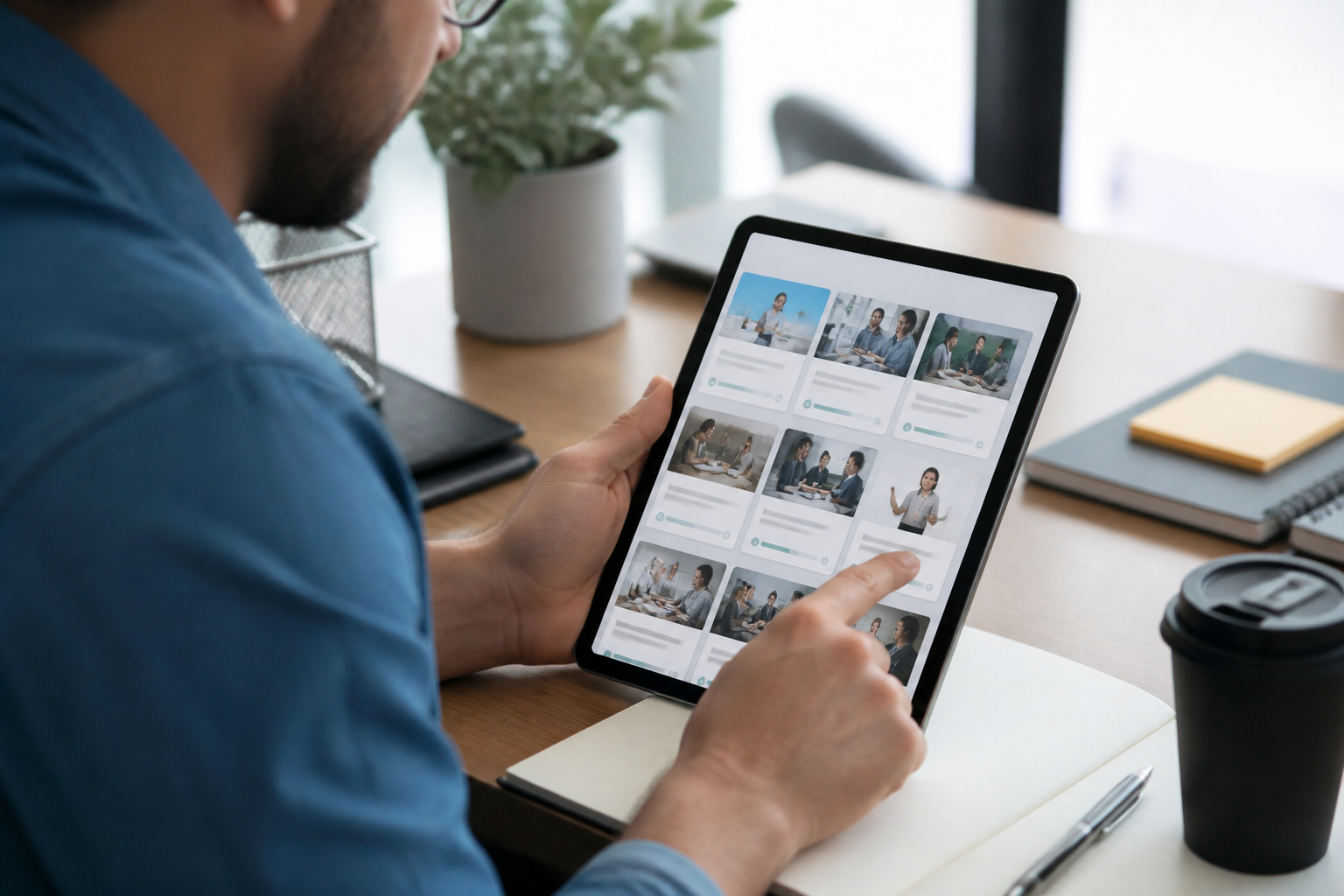 Consultation des certifications de formation sur une tablette en bureau moderne