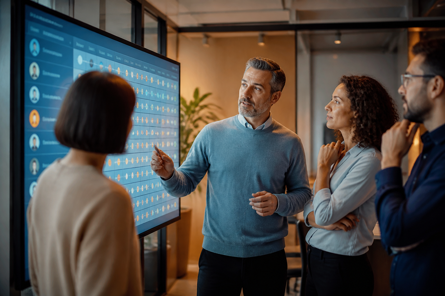 Équipe de petite entreprise discutant autour d'un tableau digital affichant une matrice de compétences