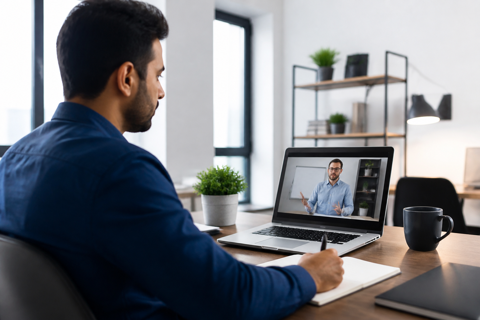 Apprenant suivant une formation en ligne sur ordinateur portable avec prise de notes dans un environnement professionnel