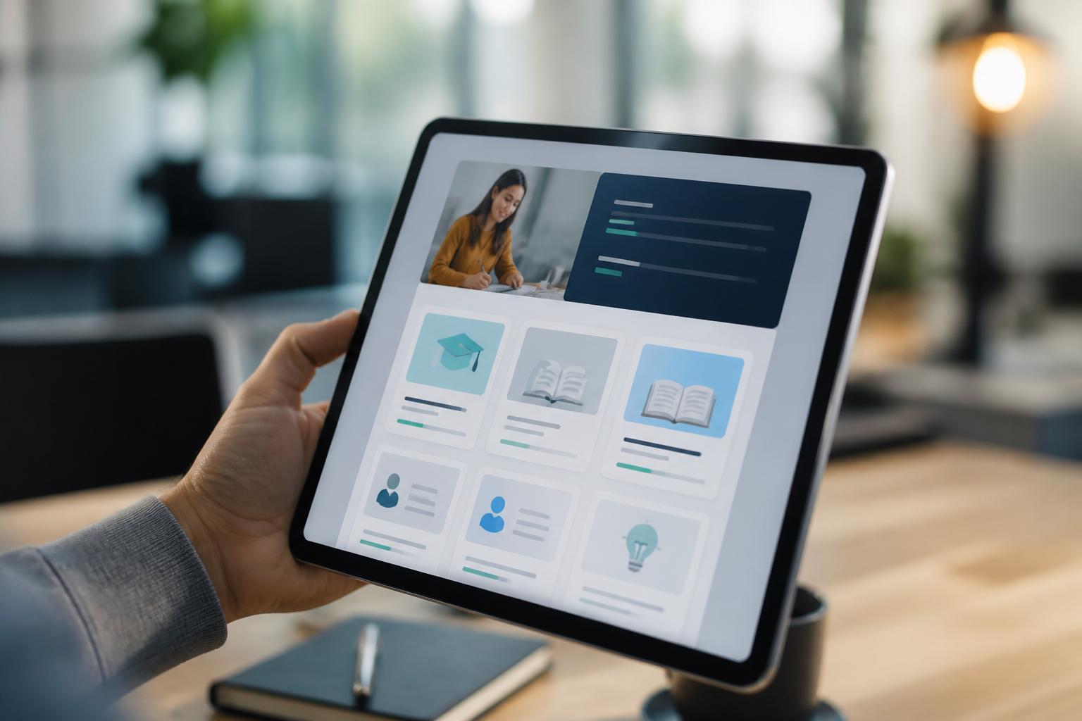 Consultation du programme d'une formation certifiante en intelligence émotionnelle sur tablette
