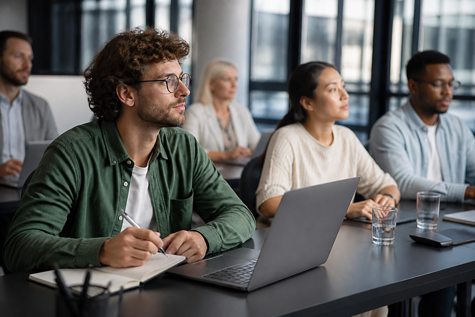 Participants à une formation professionnelle en salle avec ordinateurs et prise de notes