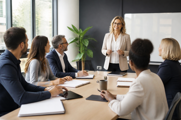 Séance de formation professionnelle avec des participants en réunion collaborative