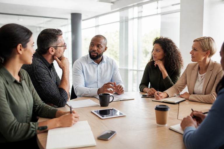 Groupe de professionnels en formation autour d'une table avec supports numériques