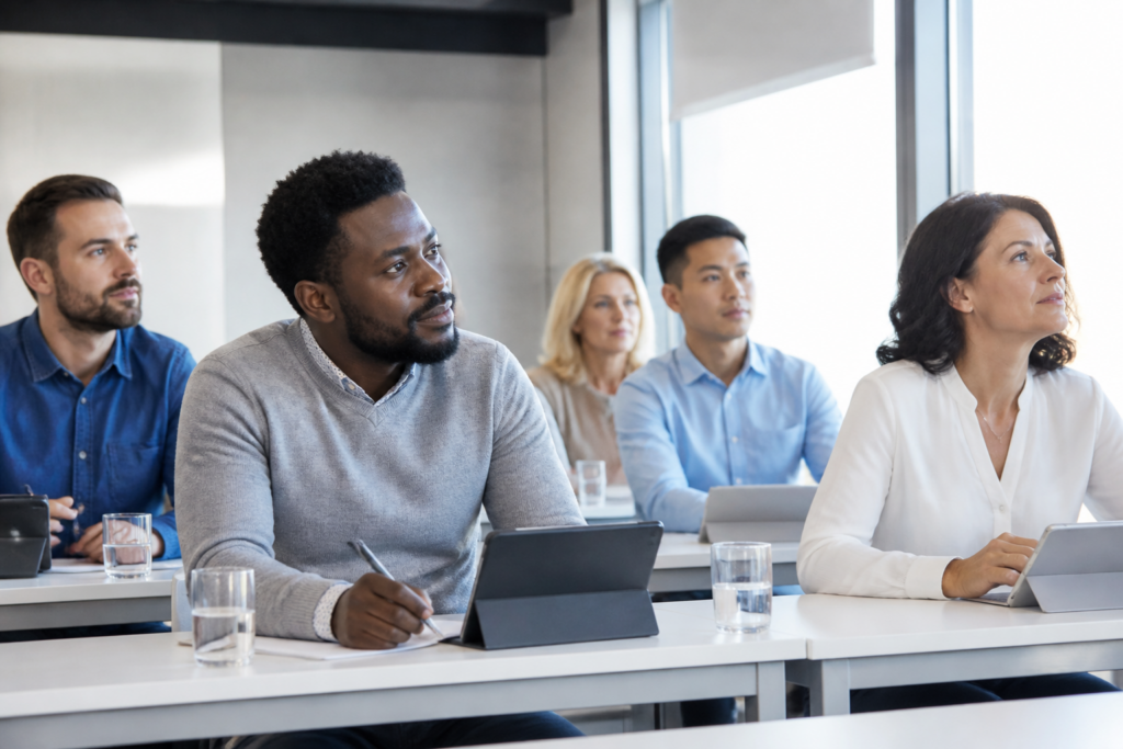 Personnes en formation professionnelle dans une salle moderne avec tablettes et carnets